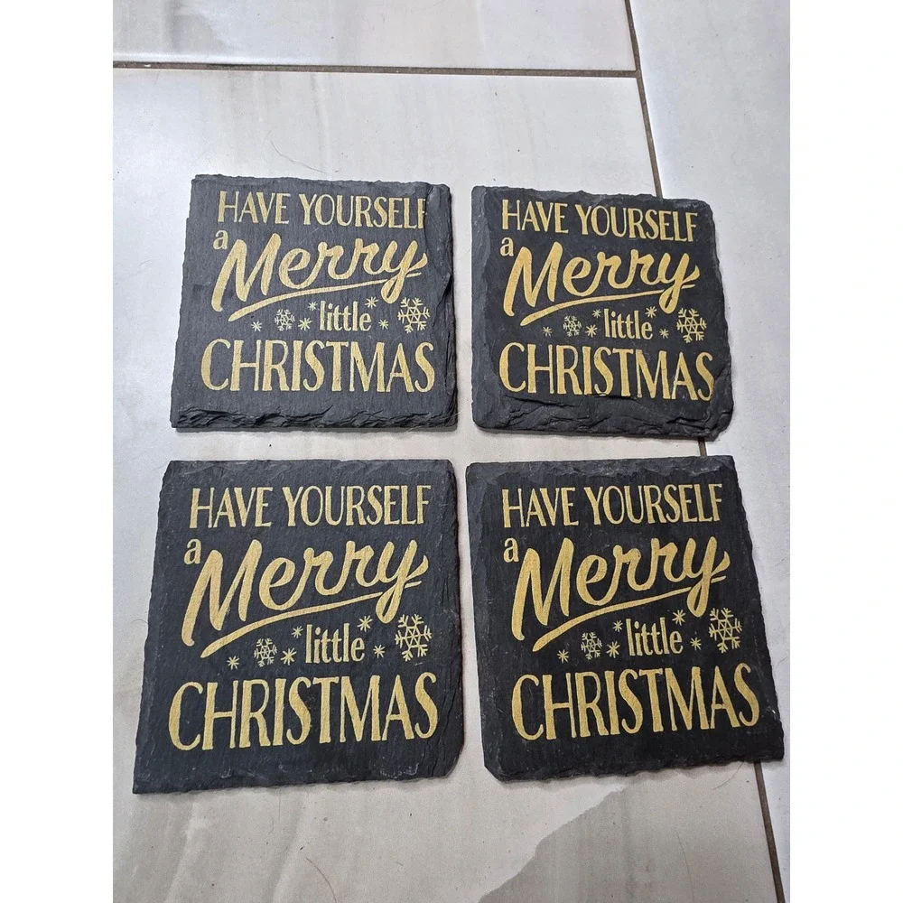 Merry Little Christmas Slate Coasters Set of 4 Black Gold Holiday Decor 4x4 G3